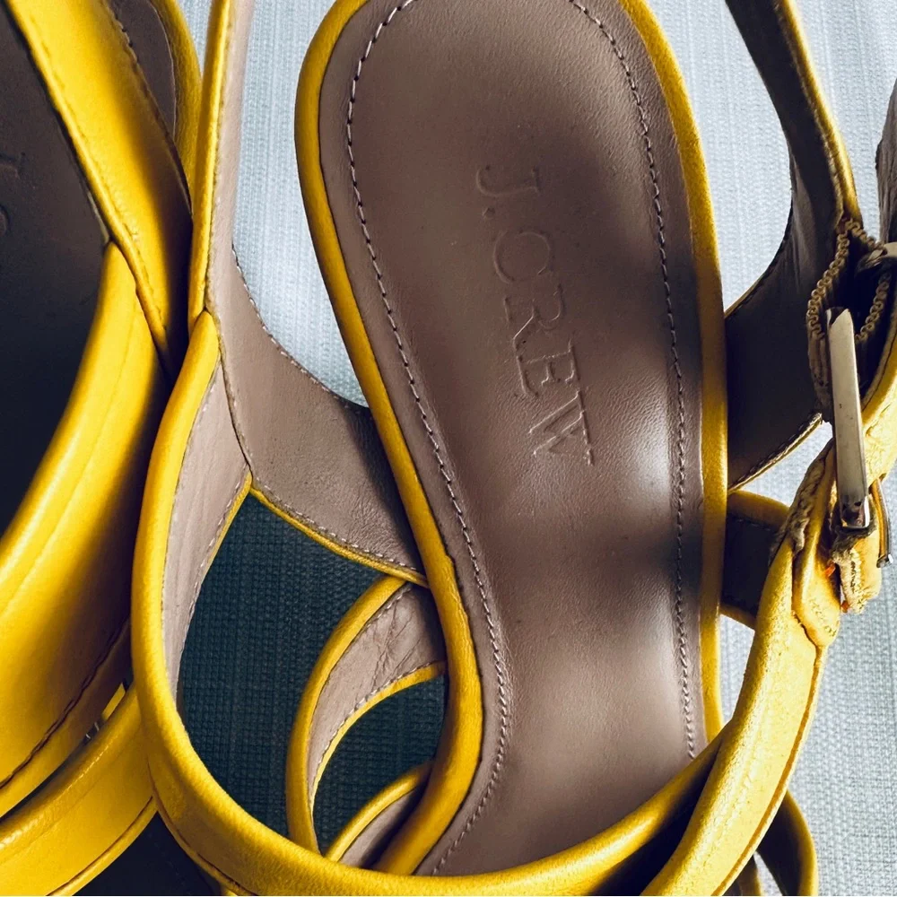 J Crew Shoe Lena Strappy Wood Wedge Sandals Leather Size 7.5 Yellow